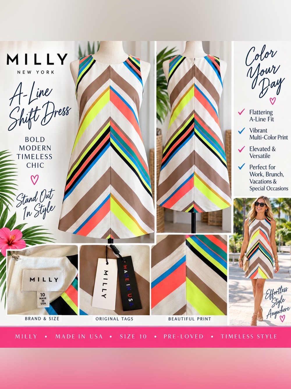 Milly Neon Chevron Shift Dress — Brown, Neon Yellow, Coral, Blue, Black, White